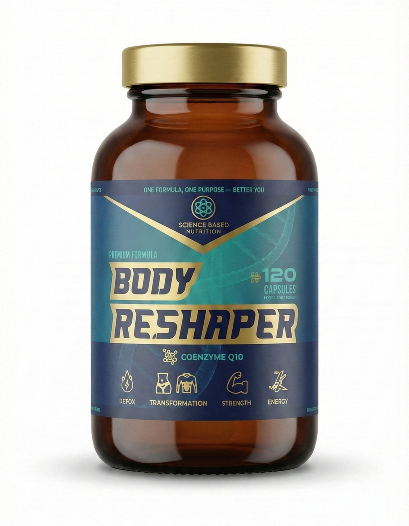 Brown supplement bottle labeled 'Body Reshaper' on a white background