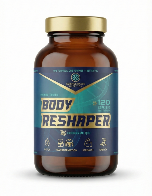 Brown supplement bottle labeled 'Body Reshaper' on a white background