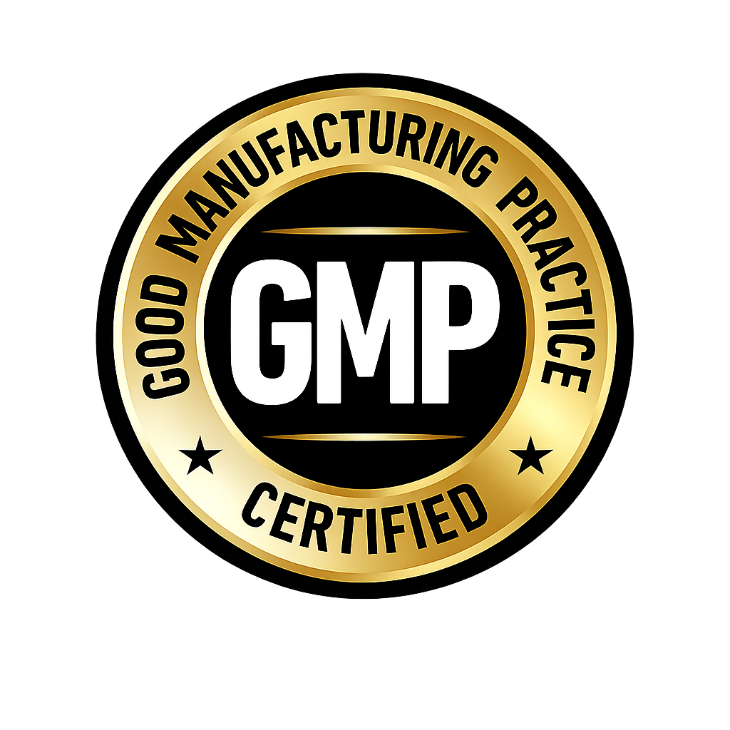 GMP (Good Manufacturing Practice) certification logo on a black background